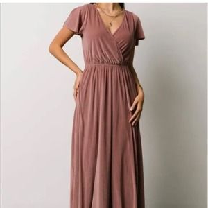 Baltic Born size Large Athena Pleated Satin Maxi Dress Ribbed Pockets